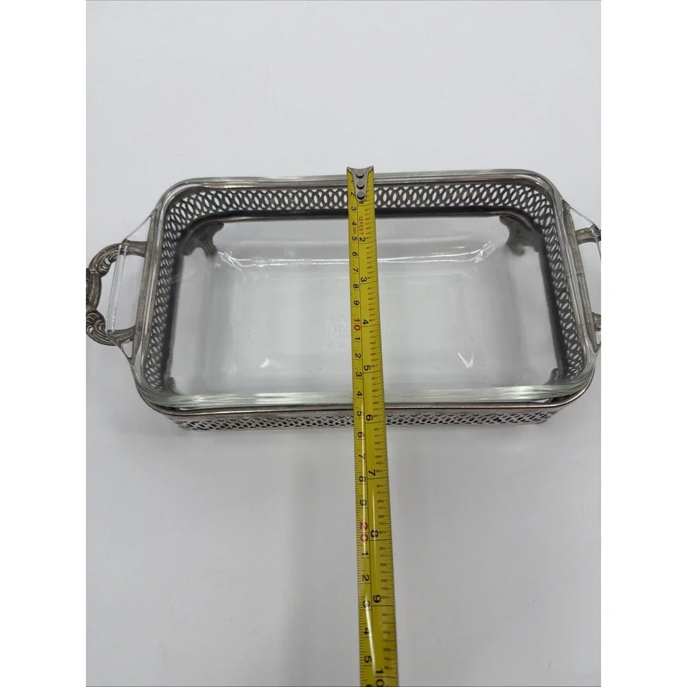 PYREX PLATE W SILVER HOLDER BREAD OR MEAT LOAF GLASS DISH - 10 Qt Dish